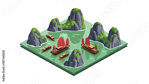 Scenic isometric bay with sailboats and limestone mountains in tranquil waters