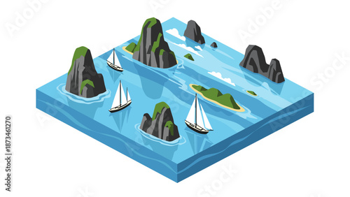 Isometric sailboats navigating around rocky islands in a blue seascape