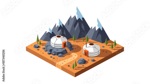 Isometric desert landscape with futuristic domes and mountains