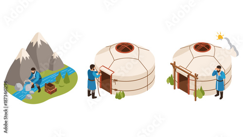 Isometric nomadic life with yurt and mountain scenery