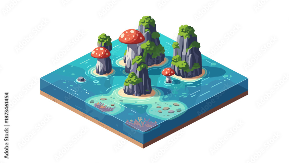 Fototapeta premium Isometric cartoon island with mushroom towers and lush greenery surrounded by ocean
