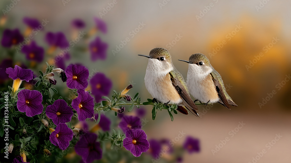 Obraz premium Two Hummingbirds Perched on Purple Flowers