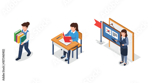 Isometric education concept with teacher and students in classroom activities