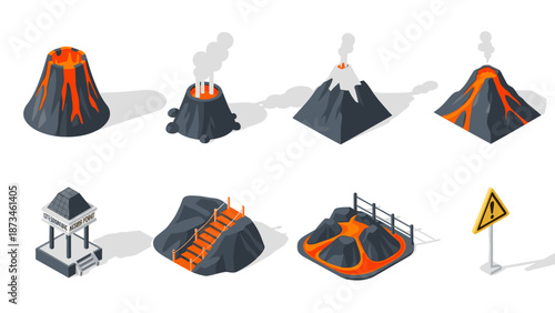 Isometric volcano set with lava flow and eruption icons
