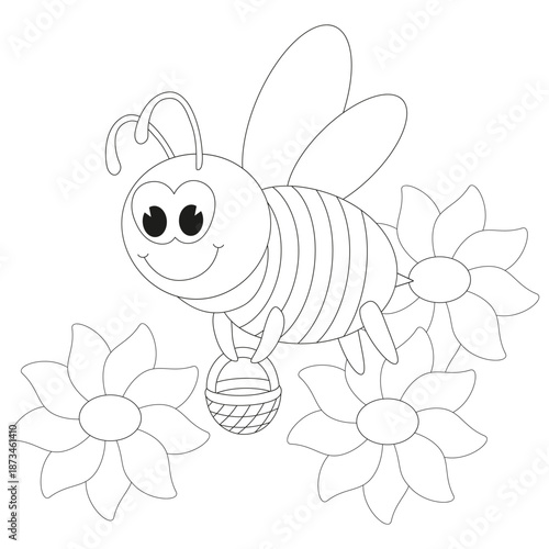 Happy bee holding a basket of nectar and flying from flower to flower. Cartoon vector illustration for children's entertainment, coloring book, print. Black and white.
