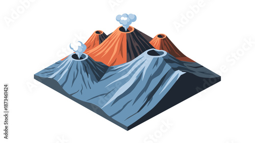 Isometric volcanic landscape with erupting craters in bold colors