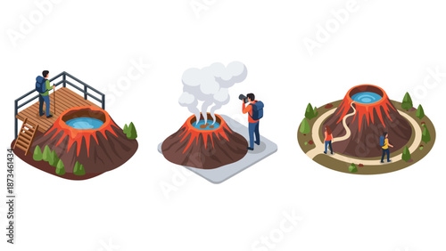 Isometric volcano adventure: explorers observing erupting volcanoes and craters