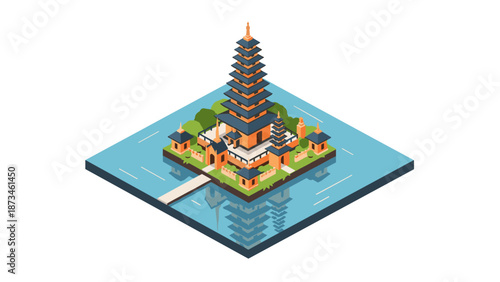 Isometric balinese temple on water with pagoda reflection