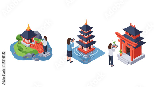 Isometric scene of tourists exploring traditional asian architecture with pagoda and gardens