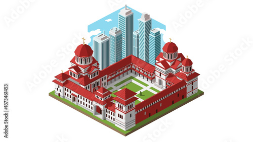 Isometric cityscape with historical architecture and modern buildings