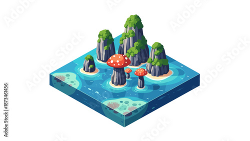 Isometric fantasy island with giant mushrooms and floating rocks