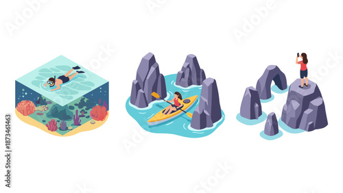 Isometric outdoor adventure: snorkeling, kayaking, hiking in nature