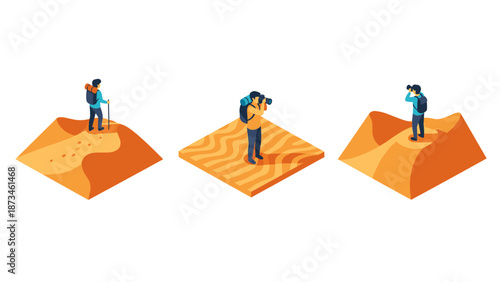 Explorers in isometric desert: hiking, photography, and adventure