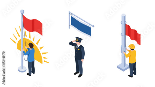 Isometric people illustrations with flags: urban setting, diverse occupations and roles