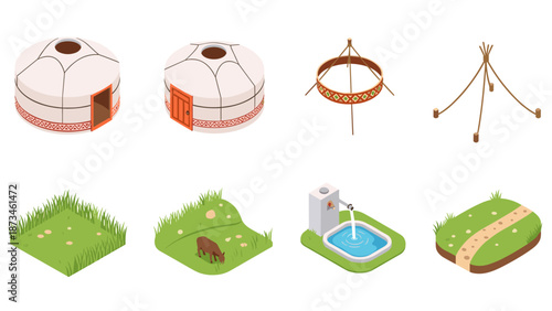 Isometric nomadic yurt icons with green landscapes and outdoor elements