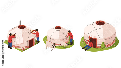 Traditional yurt assembly scenes with nomadic lifestyle elements