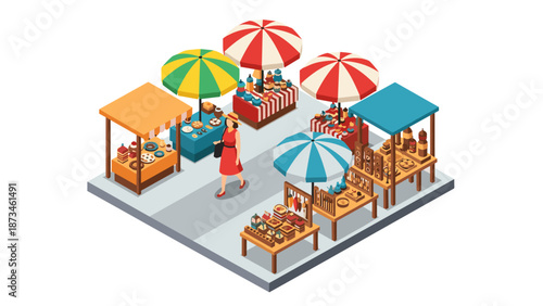 Vibrant market stalls isometric design with colorful umbrellas and diverse merchandise