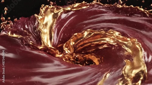 Abstract maroon and gold fluid dynamic forms against a dark background