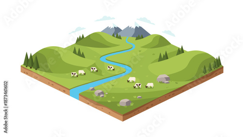 Isometric green landscape with farm animals, river, and mountains