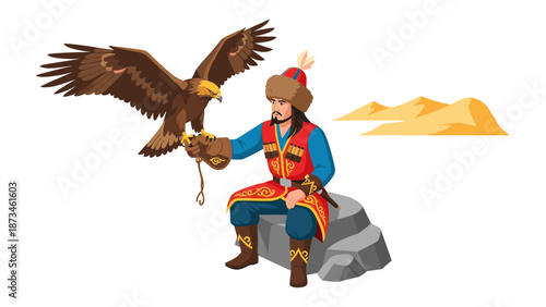 Nomadic hunter with golden eagle in traditional attire in desert landscape