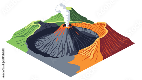 Isometric active volcano eruption with vibrant colors and smoky crater