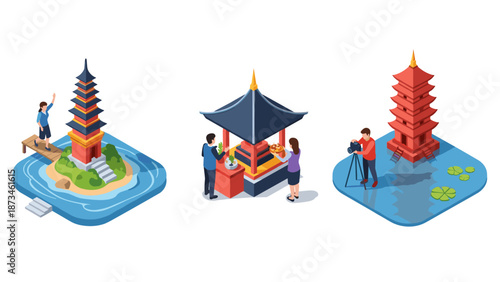 Colorful isometric illustrations of asian temples with people engaging in various activities