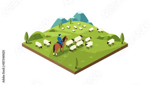 Isometric farm scene with shepherd and flock of sheep on pastureland