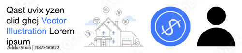 Real estate, financial planning, property investment, personal finance, digital tools, savings management. A house, dollar symbol and person icon. Financial planning and property investment concept