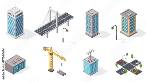 Isometric urban infrastructure set with buildings, roads, and crane