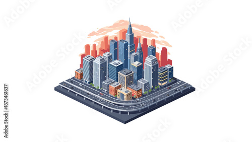 Modern isometric cityscape with skyscrapers and highways