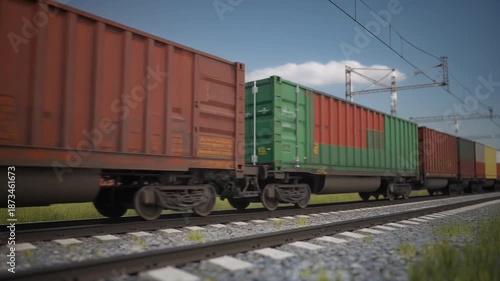 Freight Train with Containers on Railway Tracks.
