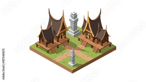 Traditional asian village isometric scene with wooden houses and decorative pillars