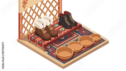 Traditional footwear display on patterned rug in cultural setting