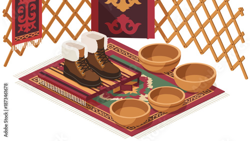 Traditional nomadic interior with wooden bowls and fur boots in a geometric patterned setting