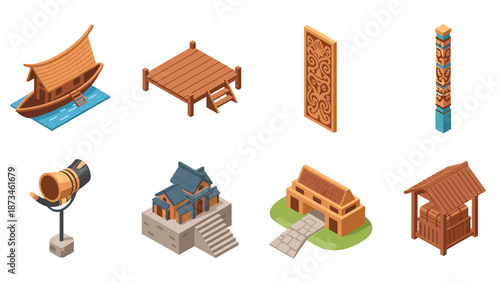 Isometric cultural icons: traditional wooden structures and decorative elements