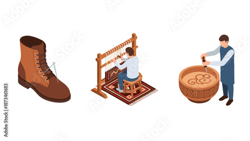 Crafting traditions: shoe repair, carpet weaving, and pottery making in isometric style