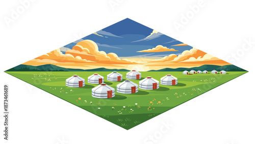 Yurts on a vibrant grassland: scenic sunset landscape with rolling hills