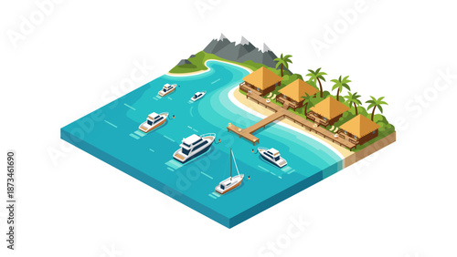 Tropical beach resort with cabins and boats in isometric 3d