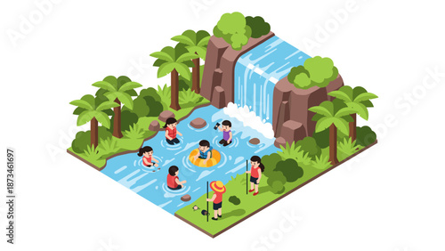 Isometric tropical waterfall scene with people swimming and relaxing