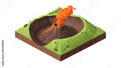Isometric eruption: dynamic volcano on grassland cross-section