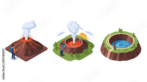 Isometric volcano eruption stages with tourists exploring landscapes