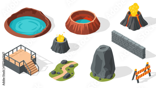 Isometric geothermal features with volcanic elements and pathway