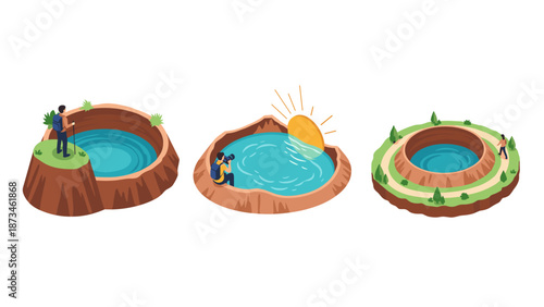 Three scenic crater pools with hikers and sun elements in isometric style