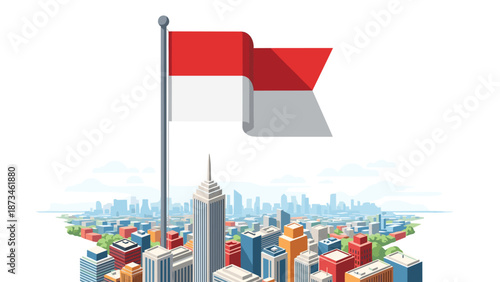 Modern cityscape with national flag waving on a skyscraper rooftop in stylized art