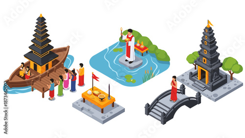 Isometric cultural rituals: pagoda worship and traditional ceremony with priest