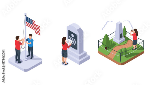 Patriotic tribute: flag ceremony, historical monument, and memorial site in isometric design