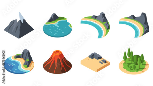 Isometric landscape elements: mountains, volcano, ocean, and forest in flat design