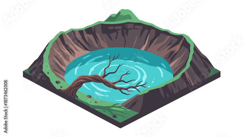 Isometric volcanic crater with blue water and leafless tree