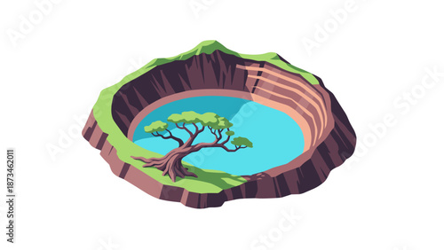 Isometric landscape featuring a tree by a blue crater lake