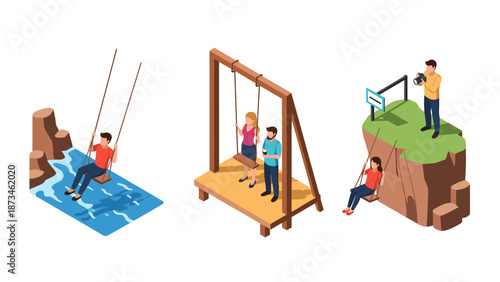 Isometric outdoor adventure: people on swings in scenic landscapes